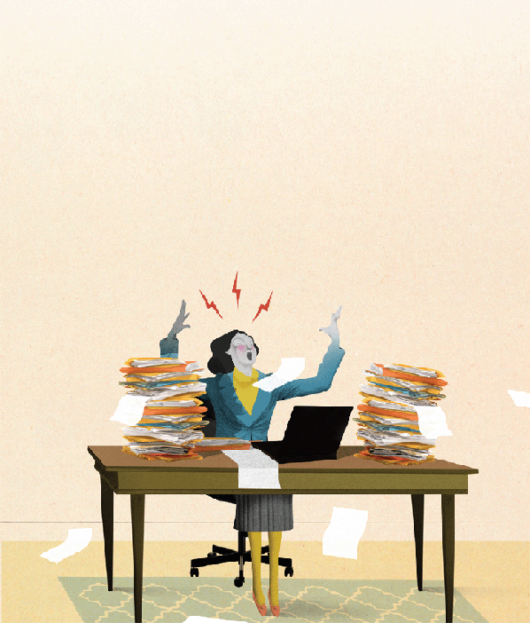 A cartoon image depicting a woman sitting at her workstation. At the desk, laptop and bundles of files are depicted.