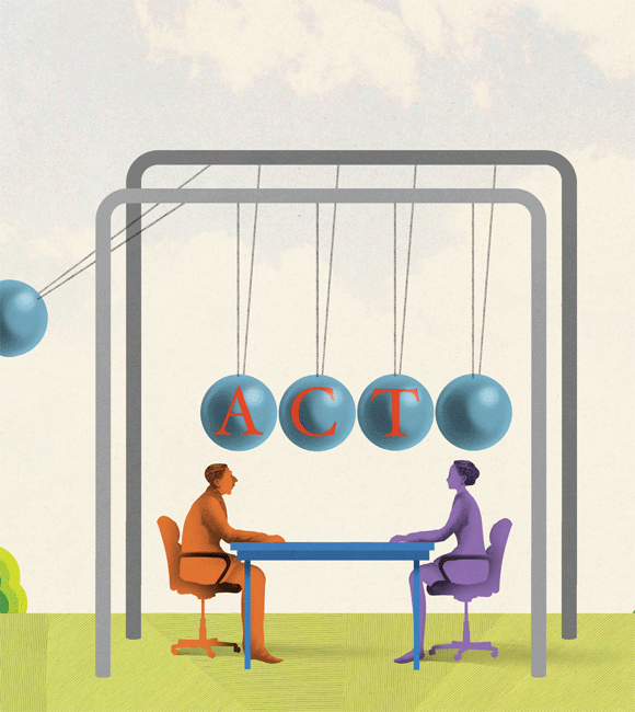A cartoon image depicting man and a woman sitting on chairs facing each other, and a table is placed between them. Over them, four spheres are hanging with the ropes. Starting from the man, the words A, C, and T, respectively, are written on the first three spheres.