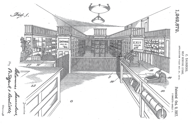 US Patent no. 1,242,872, granted in 1917, shows Clarence Saunders’ revolutionary self-service store; but what’s next?