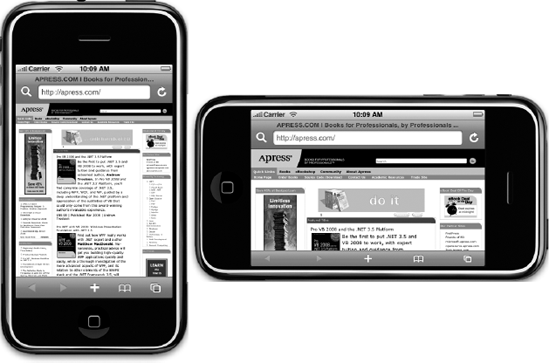 Like many iPhone applications, Mobile Safari changes its display based on how it is held, making the most of the available screen space.