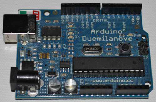 An Arduino Duemilanove microcontroller