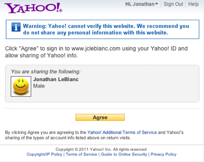 Yahoo! OpenID authentication screen
