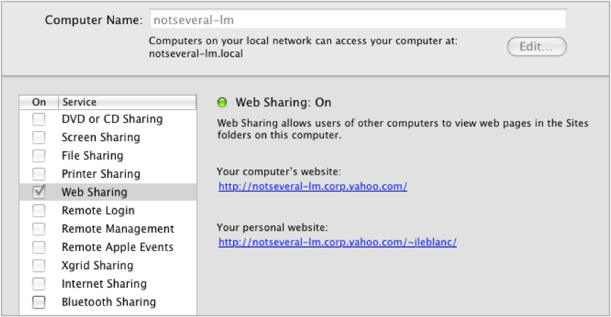 Web Sharing option under Sharing settings on Mac OS X