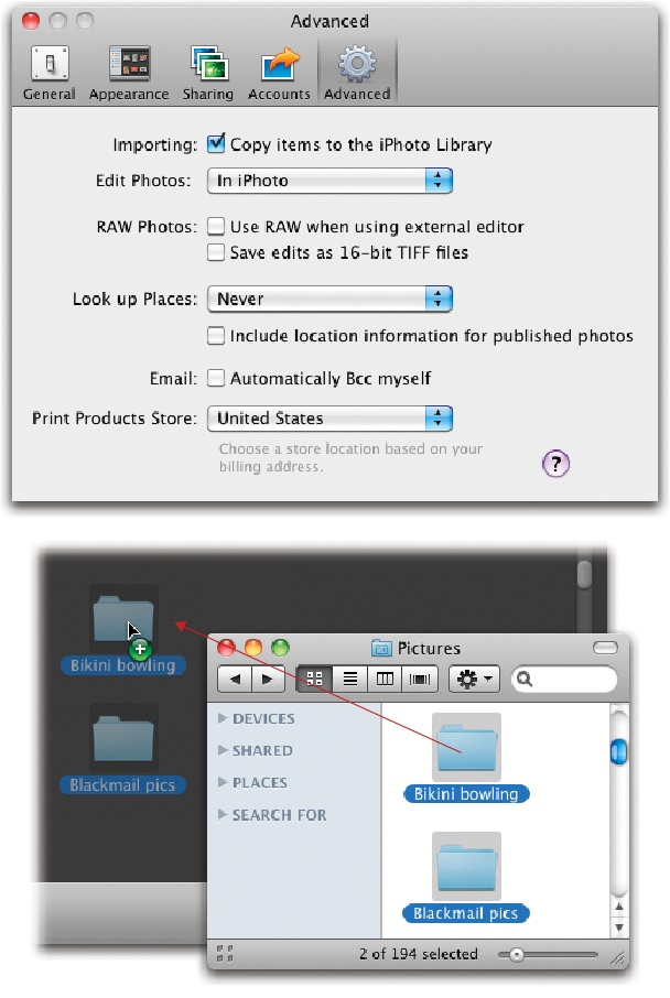 Top: In the Preferences dialog box, click the Advanced button. Here’s where you specify whether or not you want iPhoto to duplicate imported photos from your hard drive so that it has its own library copy. (If you turn off this checkbox, iPhoto simply tracks the photos in their current Finder folders.)Bottom: When you drop a folder into iPhoto, the program automatically scans all the folders inside it, looking for pictures to catalog. Depending on your Preferences settings, it may create a new Event (Chapter 5) for each folder it finds. iPhoto ignores irrelevant files and stores only the pictures that are in formats it can read.