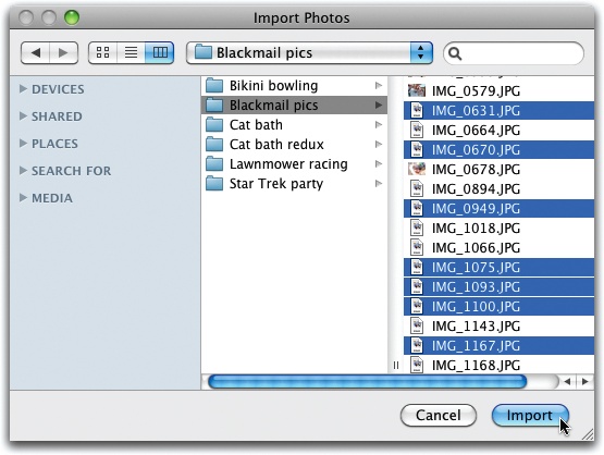 When the Import Photos dialog box appears, navigate to and select any graphics files you want to bring into iPhoto. You can ⌘-click individual graphics to select more than one simultaneously, as shown here. You can also click one, then Shift-click another one, to highlight both files and everything in the list in between.