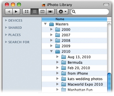 Behold the mysteries of the iPhoto Library. Once you know the secret, this seemingly cryptic folder structure actually makes sense, with all the photos in the library organized by their creation dates.