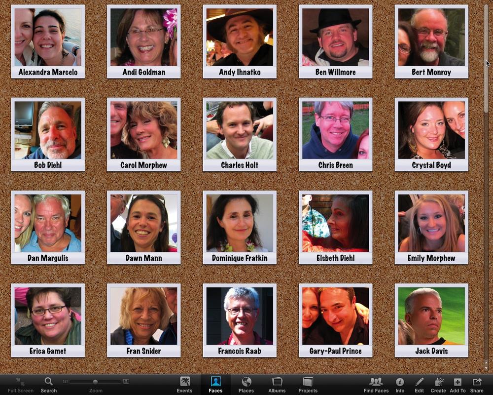 As your list of names grows, more headshots appear on your Faces corkboard. You can click the at the bottom left of your iPhoto window to make the corkboard take over your monitor, as shown here.To see your pictures of each person, double-click a face. You can also use the slider near the bottom-left corner of the iPhoto window to increase or decrease the size and number of headshots in a row. To return to your Faces corkboard, press ⌘-left arrow or click All Faces at the top left of the main viewing area.To continue naming and confirming faces, click the Find Faces icon at the bottom of the iPhoto window.