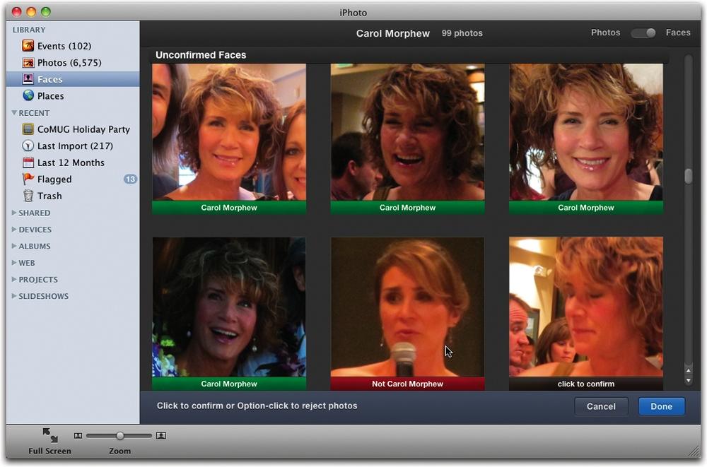 You can give iPhoto a hand by confirming its correct guesses and rejecting its wrong ones. Photos above the gray bar (not shown) are confirmed pictures of this Face; photos below it are ones that iPhoto wants you to confirm (iPhoto lists them in order of certainty). Click a picture to confirm it, or Option-click to reject it. The more you work with iPhoto here, the better it gets at identifying people. However, if you come to a point where you’re seeing more misses than hits, click Done and move on to confirming someone else’s face.
