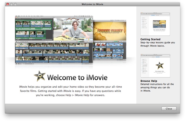 This window welcomes you to iMovie, although it doesn’t tell you much more than to choose Help→iMovie Help if you’re just figuring things out. Click Close to leave the welcome screen and get down to work.
