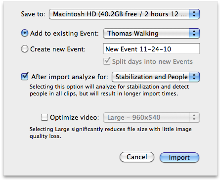 This dialog box wants to know: Where do you want to save the incoming clips (on which hard drive)? What Event do they belong to? Do you want iMovie to stabilize your jerky camera work (page 176) and/or scan your footage for people? And at what resolution should iMovie import your clips (which also, of course, affects how much hard drive space your footage takes up)?