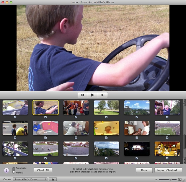 You can import individual scenes from a tapeless camcorder without having to rewind or fast-forward through footage. You can also preview the recorded scenes before you bother importing them (see step 3 below). If your intention is to bring in most of the clips, turn off the checkboxes under the scenes you don’t want. If you want to import fewer than half of them, though, click Uncheck All, and then turn the checkboxes back on for the shots you do want.