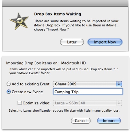 Top: If you have files lingering in your iMovie Drop Box folder, iMovie lets you know the next time you launch the software.Bottom: Importing video files from the Drop Box works much the same way it does when you import files from your camera.
