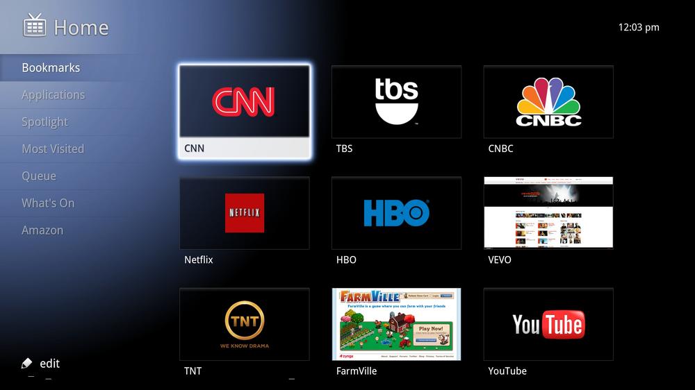 Users are able to access and bookmark everything from websites to apps on Google TV; note the various “live folders” on the left