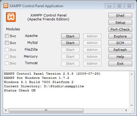 The XAMPP Lite interface for Windows