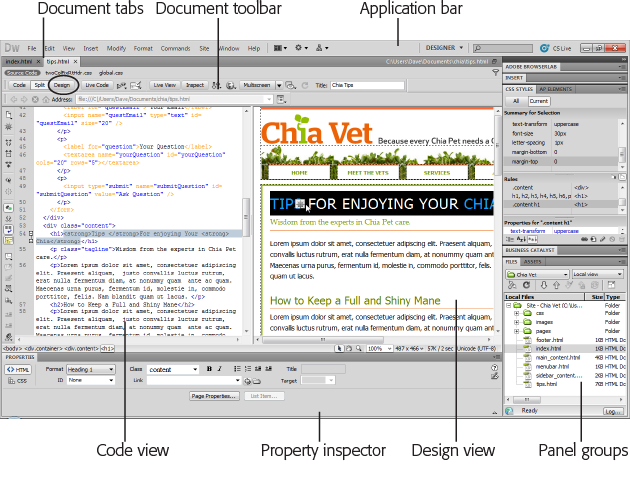 Out-of-the-box, Dreamweaver documents appear in âSplit viewââHTML code on the left and a visual preview on the right. If you prefer to see how your page looks as you add and delete elements, click the Design button (circled) in the Document toolbar; that hides the HTML view and brings the page view full-screen. To switch among open documents, click a fileâs tab immediately above the Document toolbar.