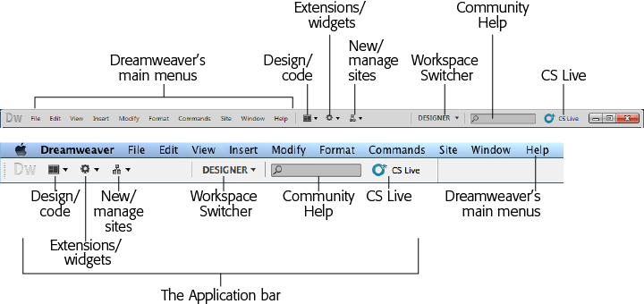 Dreamweaverâs Application bar looks slightly different on Windows (top) and Macs (bottom).