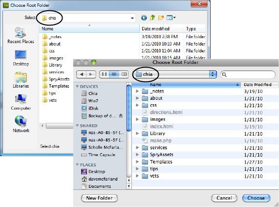 The dialog box for selecting a folder in Windows (top) is pretty much the same as the one for Macs (bottom). You can verify which folder youâre about to select by looking in the Select field for Windows (circled in top image) or in the path menu on a Mac (circled in bottom image).