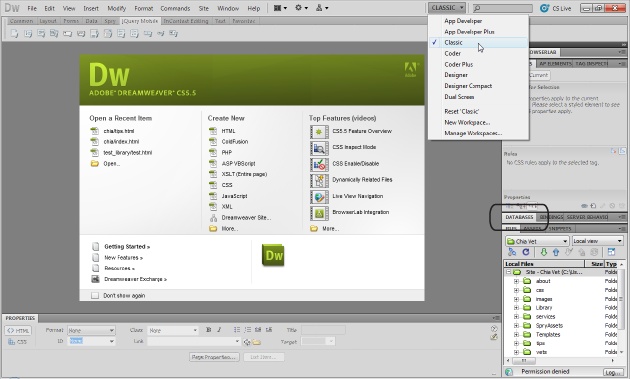 The Dreamweaver Welcome screen pictured in the middle of this figure lists recently opened files in the left column. Clicking one of the file names opens that file for editing. The middle column provides a quick way to create a new web page or define a new site. In addition, you can access introductory videos and other getting-started materials from this screen (in the right-hand panel). You see the Welcome screen only when you have no other web files open.