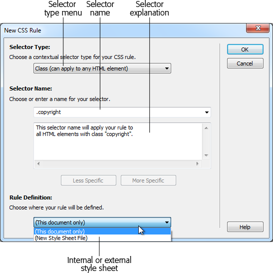 In the New CSS Rule dialog box, you choose a type of style, give it a name, and decide whether to put the style in an internal or external style sheet. You use the two dimmed buttons, labeled Less Specific and More Specific, when you type a special type of CSS selector, called a descendent selector (see page 315).
