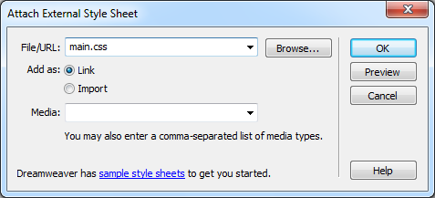 Adding styles from an external style sheet is as simple as browsing for the file, and then clicking OK. Choosing a media type is optional.