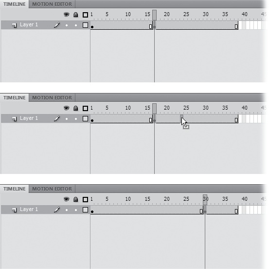 Top: Click to select the frame you want to move, and then let go of your mouse. Then drag to move the frame.Middle: As you make the move, Flash displays a highlighted frame, or a group of frames if you selected more than one.Bottom: Here, you can tell the frame moved to Frame 30 because the keyframe and end frame indicators have disappeared from their original locations (Frames 16 and 17) and reappeared in their new locations (Frames 29 and 30).