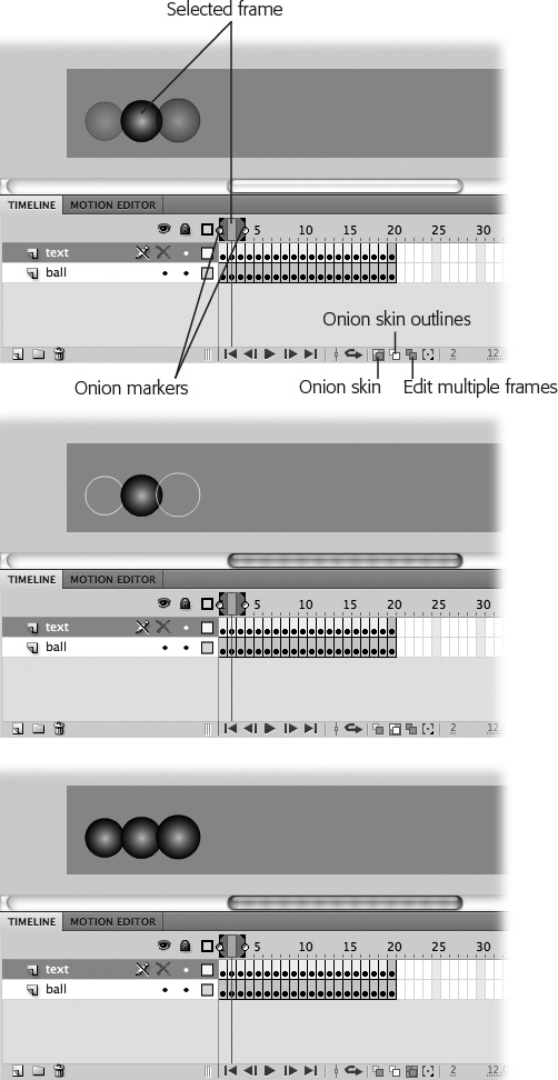 Top: Click the Onion Skin button, and the image for the selected frame appears bold. The images on the adjacent frames appear faded out.Middle: Click Onion Skin Outlines, and images on the unselected frames appear as outlines.Bottom: Click the Edit Multiple Frames button, and all the images within the onion markers appear 100 percent opaque.