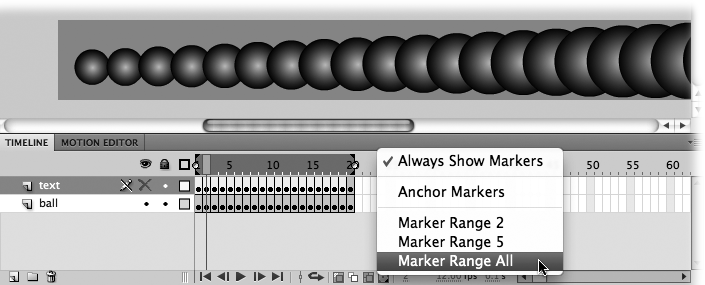 Here you see the result of selecting Marker Range All. The onion markers surround the entire frame span (Frame 1 through Frame 20), and all 20 images appear on the same stage, ready for you to edit en masse.