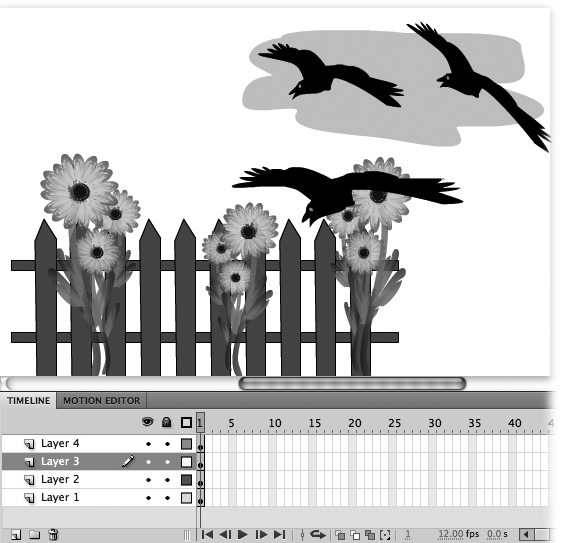 Here’s what the composite drawing for Frame 1 looks like: the fence, the flowers, the cloud, and the birds, all together on one stage. Notice the display order: The flowers (Layer 2) appear in front of the fence (Layer 1), and the birds (Layer 4) in front of the cloud (Layer 3). You can change the way these images overlap by rearranging the layers, as you see on page 151.