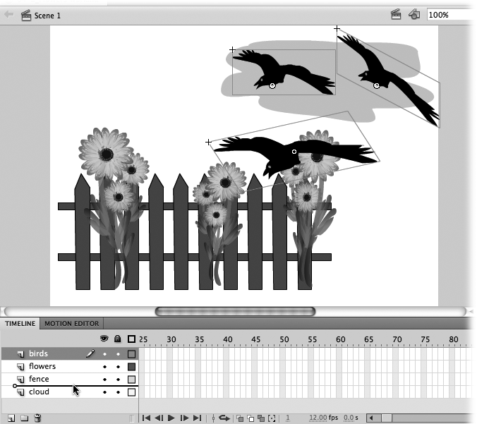 Moving a layer is easy: Just click to select a layer, and then drag it to reposition it (and change the order in which Flash displays the content of your frames). Here, the cloud layer has been moved to the bottom of the list, so it now appears behind the other images. The birds layer is in the process of being moved; you can tell by the thick gray line you see beneath the cursor.