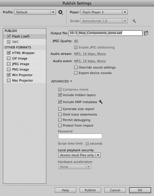 Flash lets you choose how to deliver your compiled animation. The options shown here produces a plain .swf that plays in most browsers. You can also publish it as a standalone projector file (a self-contained executable file you double-click to run, with no need for a web browser or a separate Flash Player), an image file, or embedded in a web page.