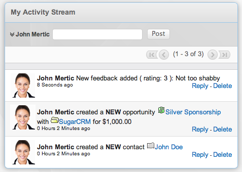 Activity Stream with entries from the Feedback and Sessions modules