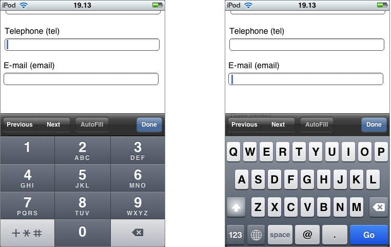 When people use a mobile device to fill out a form, they don’t have the luxury of entering information on a full keyboard. The iPod makes life easier by customizing the virtual keyboard depending on the data type, so telephone numbers get a telephone-style numeric keypad (left), while email addresses get a dedicated @ button and a smaller space bar (right).