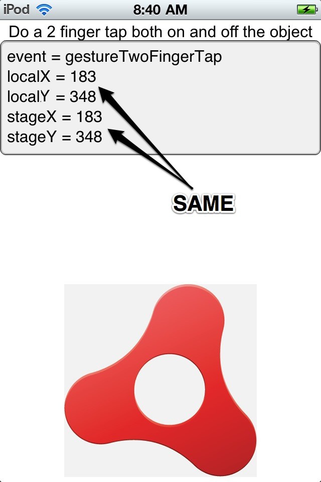 Two-finger tap on stage (values are the same)