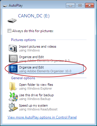 Adobe’s Photo Downloader is yet another program you get when you install Elements. Its job is to pull photos from your camera (or other storage device) into the Organizer. To use the Downloader in Windows, just click “Organize and Edit using Adobe Elements Organizer 10.0” (circled) in Windows 7’s or Vista’s AutoPlay dialog box. (If you use Windows XP, you’ll see a dialog box with similar options.) After the Downloader does its thing, you end up in the Organizer.