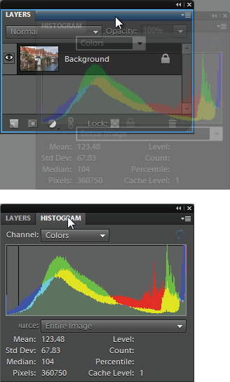 You can combine two or more panels once you’ve dragged them out of the Panel bin.Top: Here, the Histogram panel is being pulled into, and combined with, the Layers panel. To combine panels, drag one of them (by clicking on the panel’s name tab) onto the other panel. When the moving panel becomes ghosted and you see the blue outline shown here, they’ll combine as soon as you let go of your mouse button. (You can also make a vertical panel group—where one panel appears above another—by letting go when you see a blue line at the bottom of the of the host panel, instead of an outline all the way around it as shown here.)Bottom: To switch from one panel to another after they’re grouped, just click the tab of the one you want to use. To remove a panel from a group, simply drag it out of the group. If you want to return everything to how it looked when you first launched Elements, click Reset Panels (not visible here) at the top of your screen.