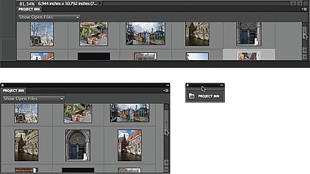 The Project bin, which runs across the bottom of the Editor’s screen, holds a thumbnail of every photo you have open, as well as photos you’ve sent over from the Organizer that are waiting to be opened. Here you see the bin three ways: as it normally appears (top), as a floating panel (bottom left), and collapsed to an icon (bottom right). You can also click the Close button (in Windows, that’s the X at its upper right; on a Mac, it’s the dot at its upper left), or right-click its tab and then choose Close to hide it completely. To bring it back, go to Window→Project bin.