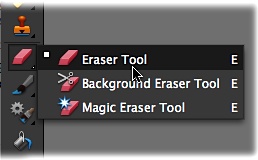 Like any good toolbox, Elements’ Tools panel has lots of hidden drawers tucked away in it. Many Elements tools are actually groups of tools, which are represented by tiny black triangles on the lower-right side of the tool’s icon (you can see several of these triangles here). Right-clicking or holding the mouse button down when you click the icon reveals the hidden subtools. The white square to the left of the Eraser tool’s icon here indicates that it’s the active tool right now.