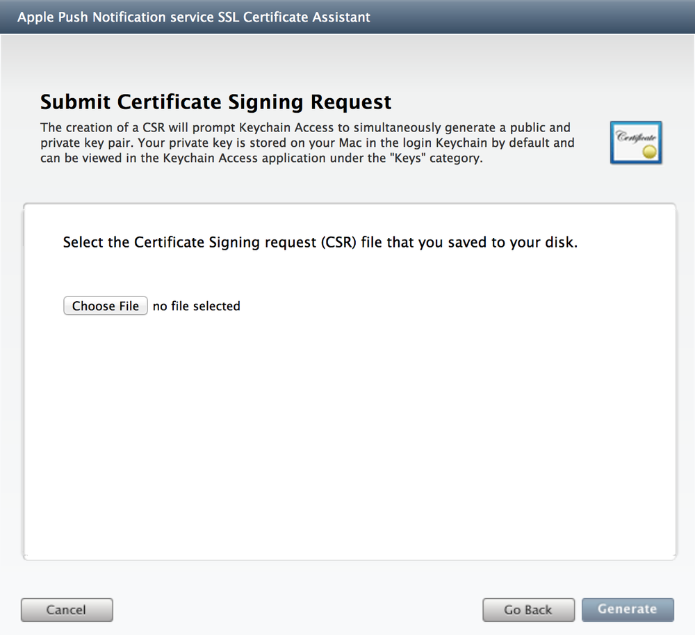 Submitting a CSR file for an APNS Certificate