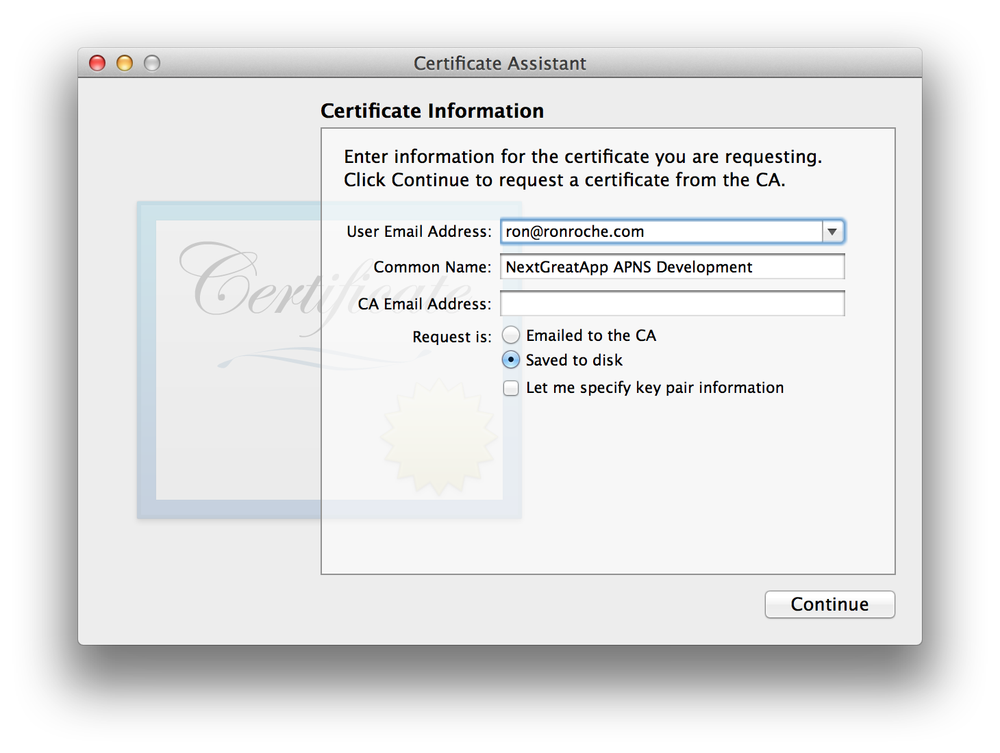 An example APNS Development Certificate Information dialog box