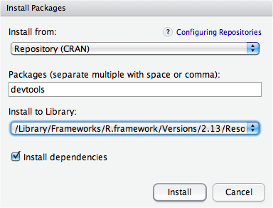 The Install Packages dialog for installing the devtools package