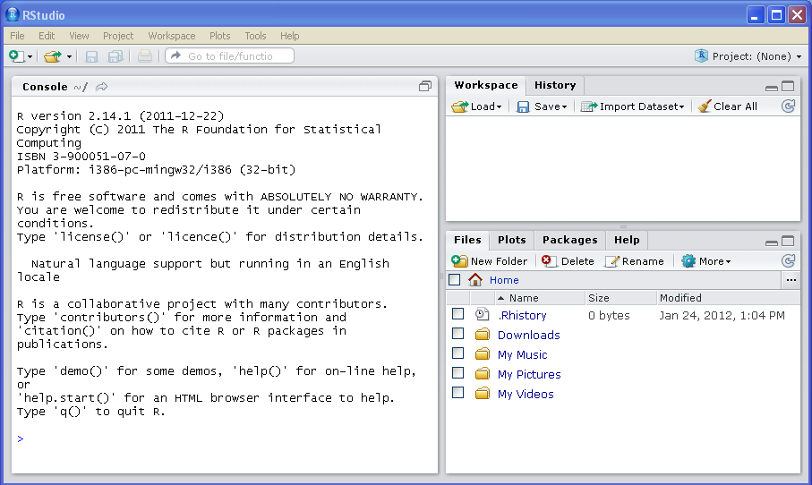 RStudio on initial startup; the main interface has four panes (one hidden in this screenshot), an application toolbar, and in some cases, a menu bar