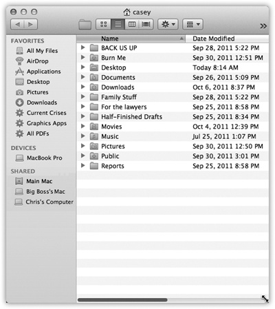 The Sidebar makes navigation very quick, because you can jump back and forth between distant corners of your Mac with a single click. In column view, the Sidebar is especially handy because it eliminates all the columns to the left of the one you want, all the way back to your hard-drive level. You’ve just folded up your desktop! Good things to put here: favorite programs, disks on a network you often connect to, a document you’re working on every day, and so on. Folder and disk icons here work just like normal ones. You can drag a document onto a folder icon to file it there, drag a document onto a program’s icon to open it with the “wrong’ program, and so on.