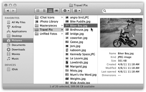 If the rightmost folder contains pictures, sounds, Office documents, or movies, you can look at them or play them, right there in the Finder. You can drag this jumbo preview icon anywhere—into another folder or to the Trash, for example.