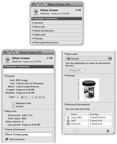 Top: The Get Info window can be as small as this, with all its information panes collapsed.Bottom: Or, if you click each flippy triangle to open its corresponding panel of information, it can be as huge as this—shown here split in two because the book isn’t tall enough to show the whole thing. The resulting dialog box can easily grow taller than your screen, which is a good argument for either (a) closing the panels you don’t need at any given moment or (b) running out to buy a really gigantic monitor.And as long as you’re taking the trouble to read this caption, here’s a tasty bonus: There’s a secret command called Get Summary Info. Highlight a group of icons, press Control-⌘-I, and marvel at the special Get Info box that tallies up their sizes and other characteristics.