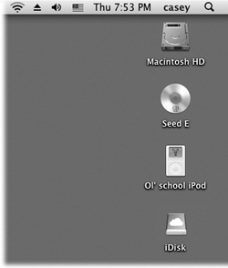 If you visit the Finder→Preferences command, you can turn on the checkboxes to make all kinds of disks appear on your desktop (shown here: hard drive, CD, iPod, iDisk). But chances are pretty good you won’t be seeing many floppy disk icons.