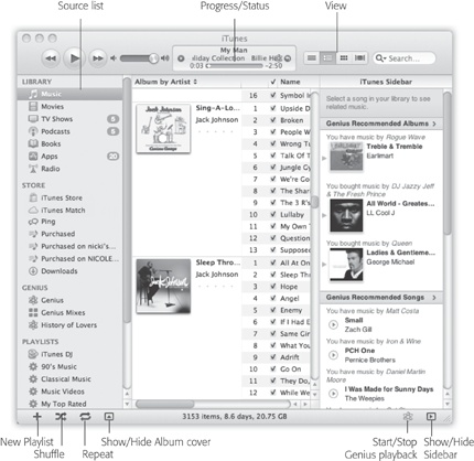 When the Library icon is selected in the Source list, you can click the Browse button (upper right) to produce a handy, supplementary view of your music database, organized like a Finder column view. It lets you drill down from a performer’s name (left column) to an album by that artist (right column) to the individual songs on that album (bottom half, beneath the browser panes).