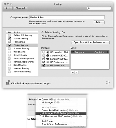 Top: On the Mac with the printer, open the Sharing panel of System Preferences. Turn on Printer Sharing, and then turn on the checkboxes for the printers you want to share. Switch to the Print & Scan pane, and turn on “Share this printer on the network” for the printer(s) you want to share.Bottom: To use a shared printer elsewhere on the network, open the document you want to print, and then choose File→Print. In the Print dialog box, the shared printer is clearly identified under the Nearby Printers heading.