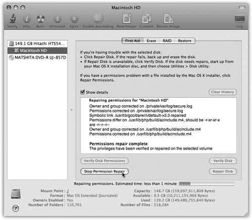 Click your hard drive’s name in the left-side list, click the First Aid tab, click Repair Disk Permissions, and then read an article while the Mac checks out your disk. If the program finds anything amiss, you’ll see messages like these. Among the text, you may recognize some Unix shorthand for read, write, and execute privileges (Chapter 16).