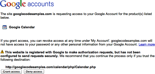 Google’s AuthSub approval screen, asking users for permission for their Google Calendar