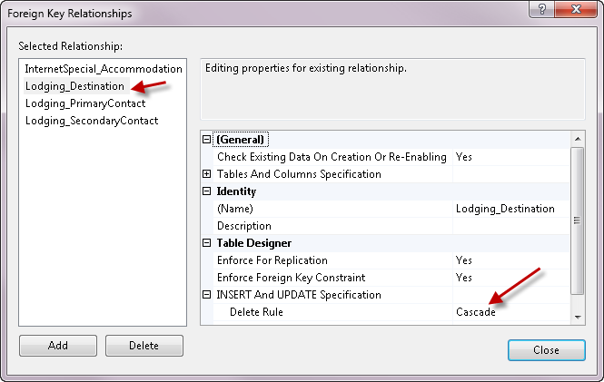 Cascade delete defined in a database constraint